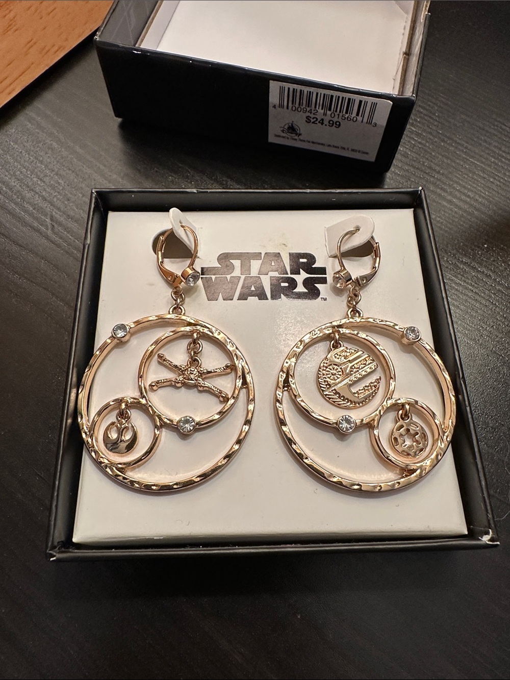 Shop Disney Star Wars Gold Tone Dangle Hoop Earrings with RebelEmblem Charms